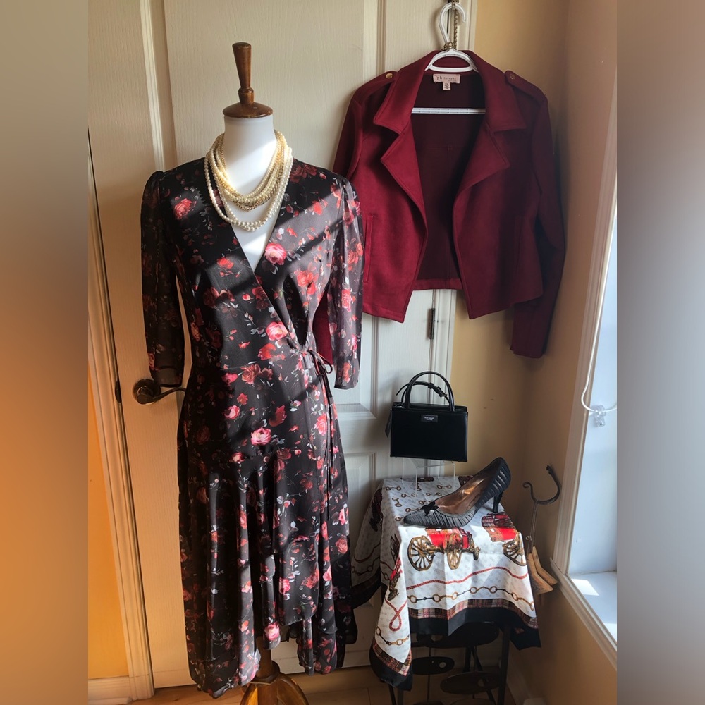 Black Floral Wrap Midi Dress with Rose Print